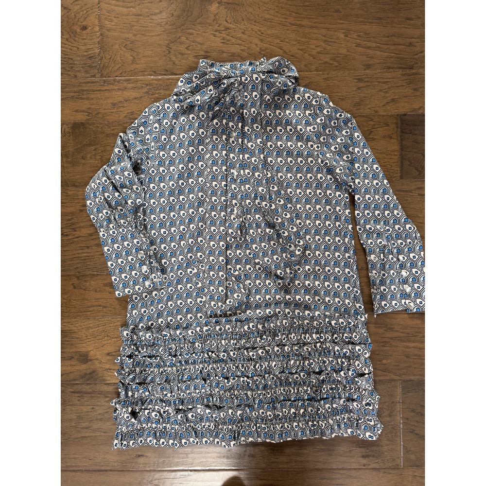 Tuckernuck Geometric‎ Print Smocked Drop Waist Dress Blue White XS 3/4 Sleeve